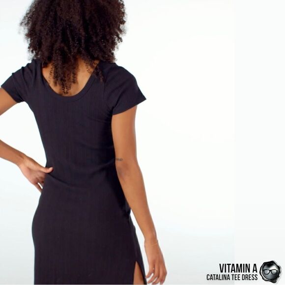 VITAMIN A CATALINA TEE LONG DRESS IN BLACK ORGANIC COTTON STRETCHY RIB KNIT MIDI - Picture 4 of 15